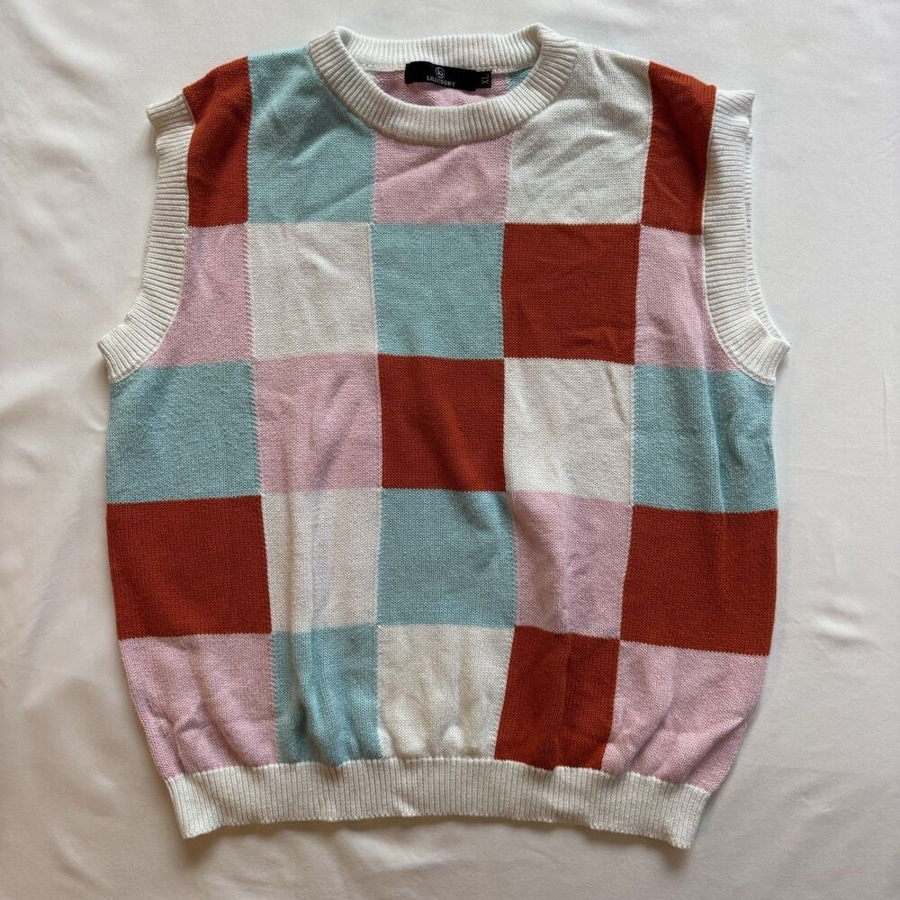 Lillusory Multi-color Women's Short Sleeve Knit Sweater Vest XL EUC Preppy